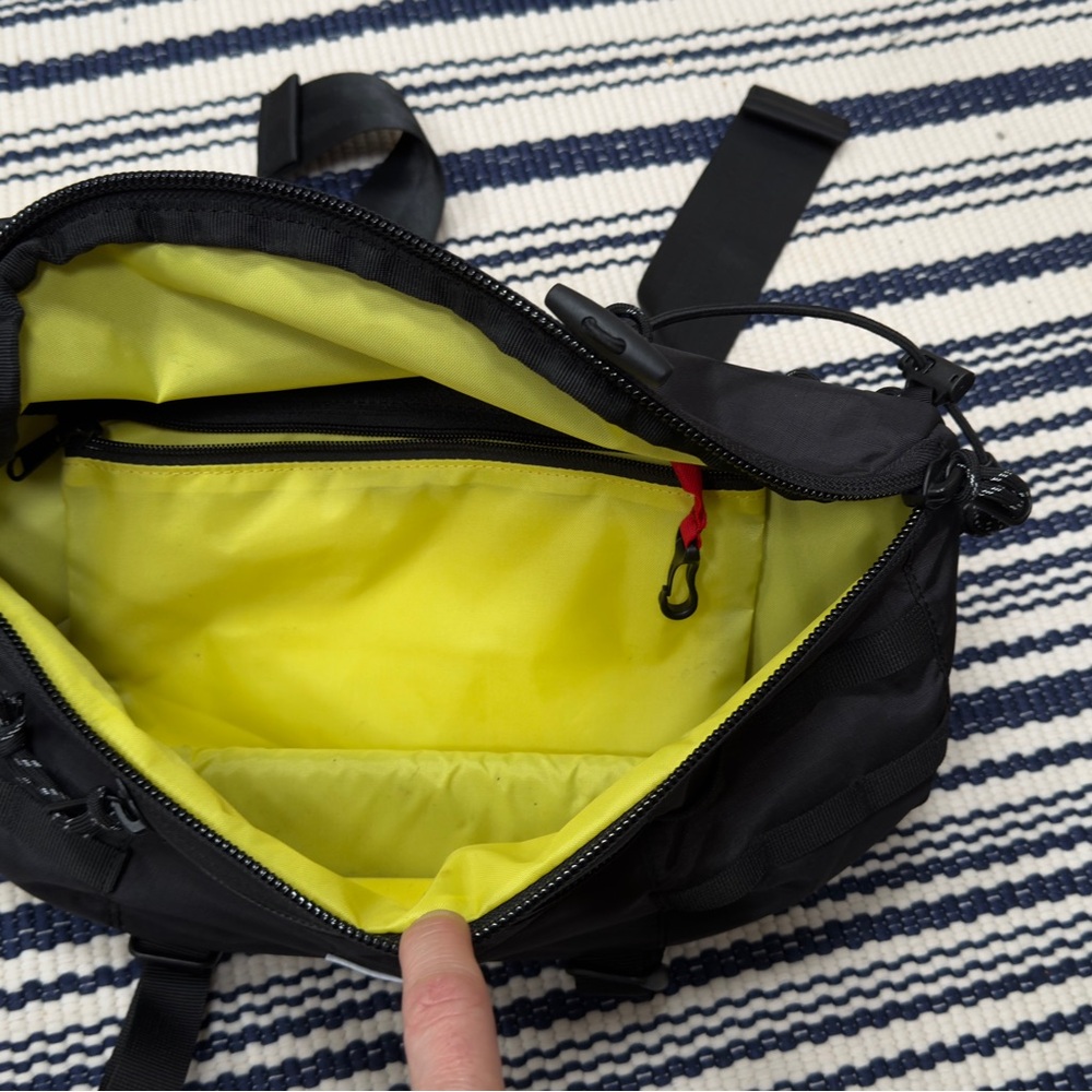 Topo Designs Mountain Sling Bag Black and Yellow Backpack with Durable Fabric